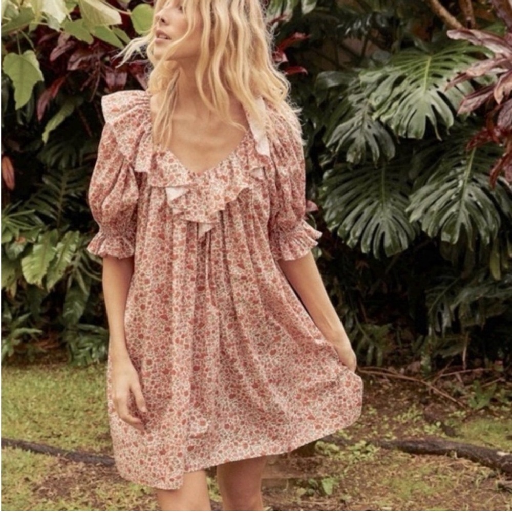 DÔEN Liberty Fabric Chime Floral Mini Dress Size M in Coral Poppy Boho Ruffles